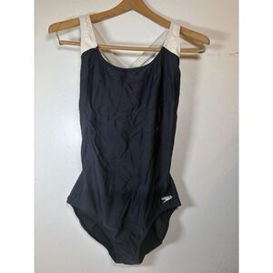 Speedo Women Size 10 PowerFLEX Black White Racerback One Piece Swimsuit